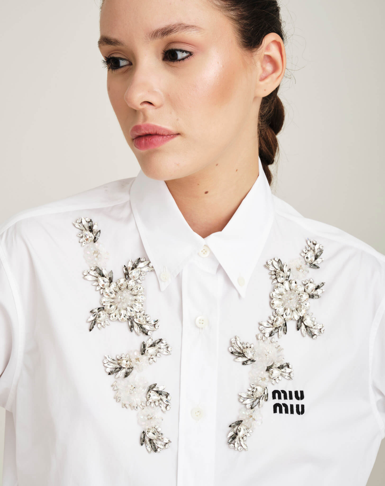 Miu Miu - Cropped Rhinestoned Cotton Shirt 38